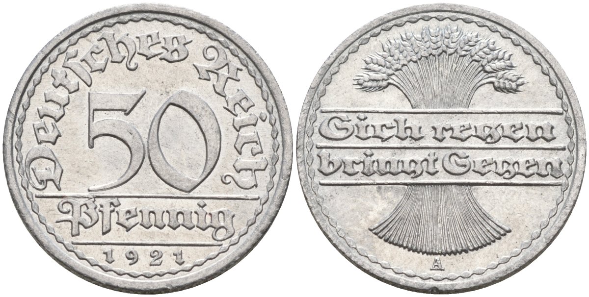 Германия 50 пфеннигов 1921 A KM 27, J.301, Weege 10 алюминий UNC 4584-757