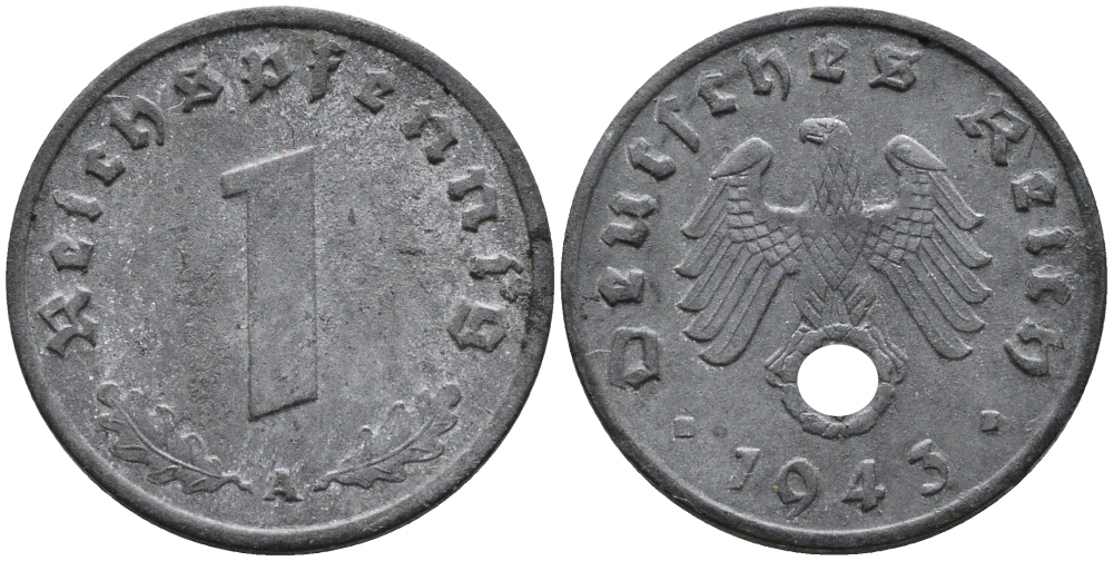 ГЕРМАНИЯ 1 РЕЙХСПФЕННИГ 1943 A KM 97, J.369 цинк 96-756