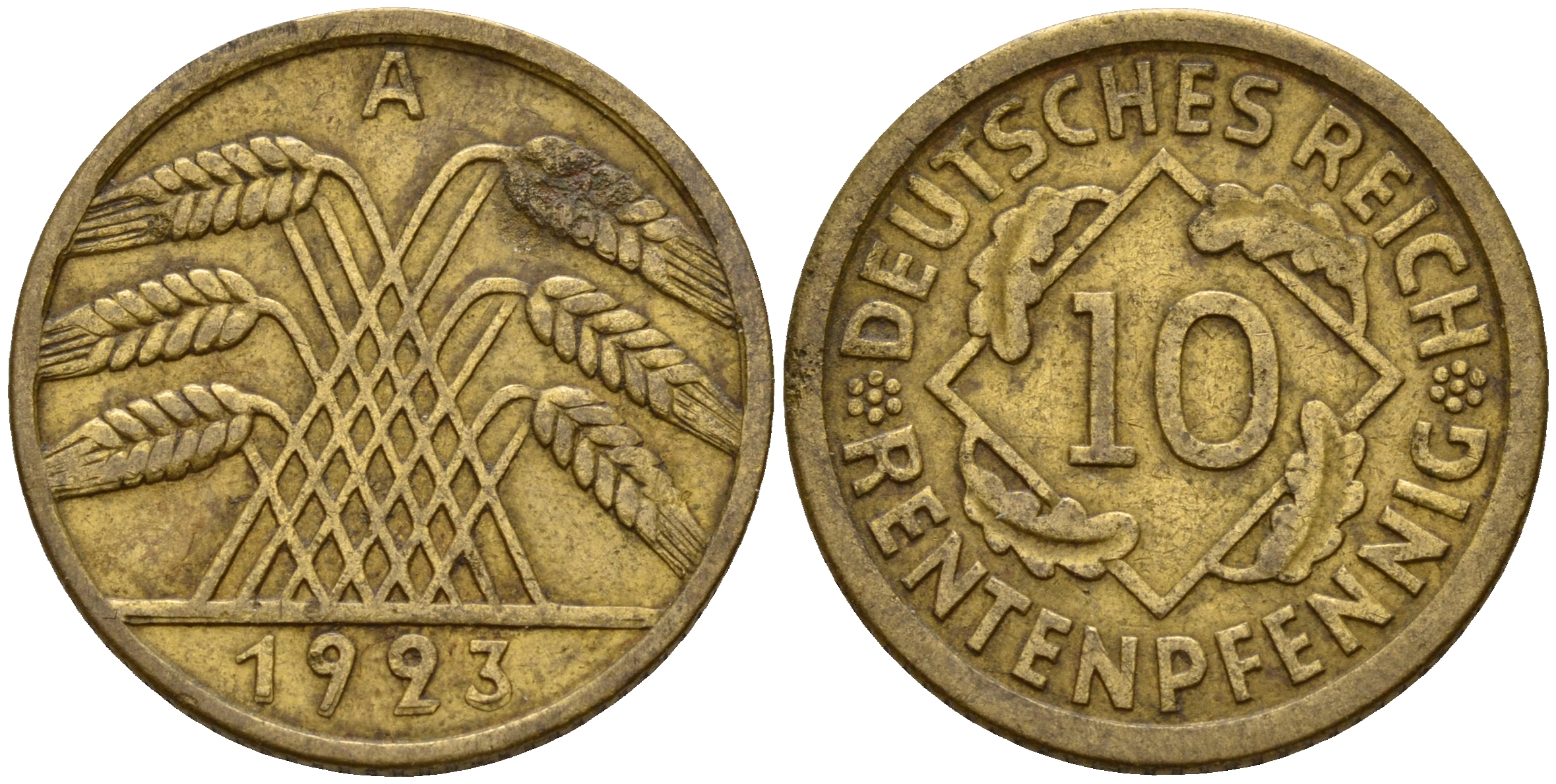 Германия 10 рентенпфеннигов 1923 A J. 309, KM 33 алюминиевая бронза    4603-746