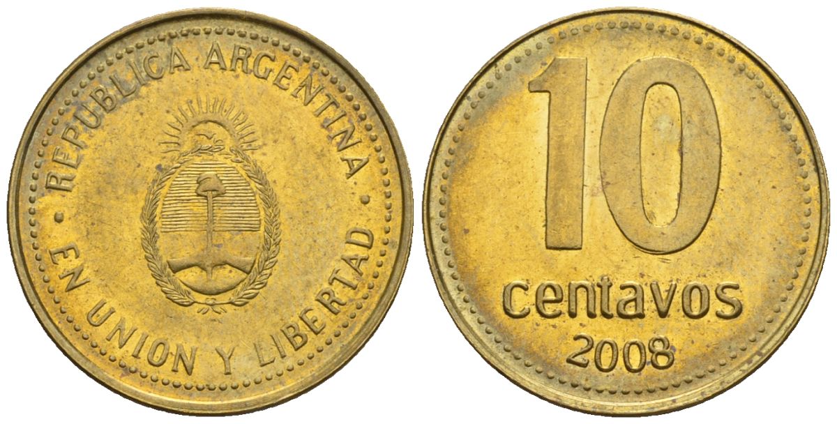 Аргентина 10 сентаво 2008 KM 107a, CJ 3, Schon 110a сталь плакированная латунью 4609-1257