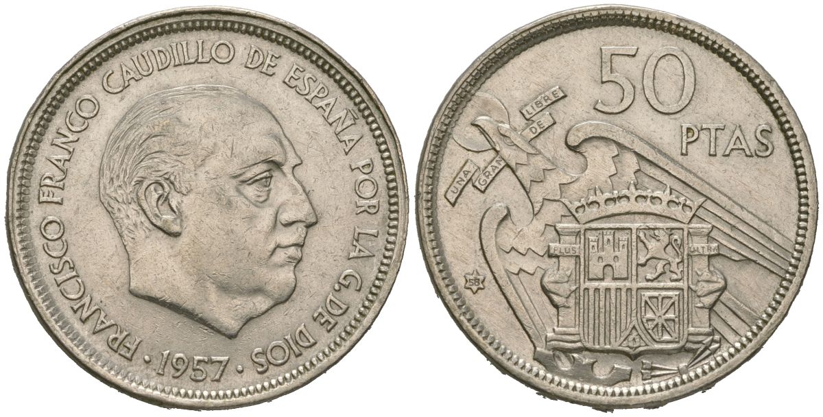 Испания 50 песет 1957 (58) Франсиско Франко (1939-1975) KM 788 медно-никель 4619-736