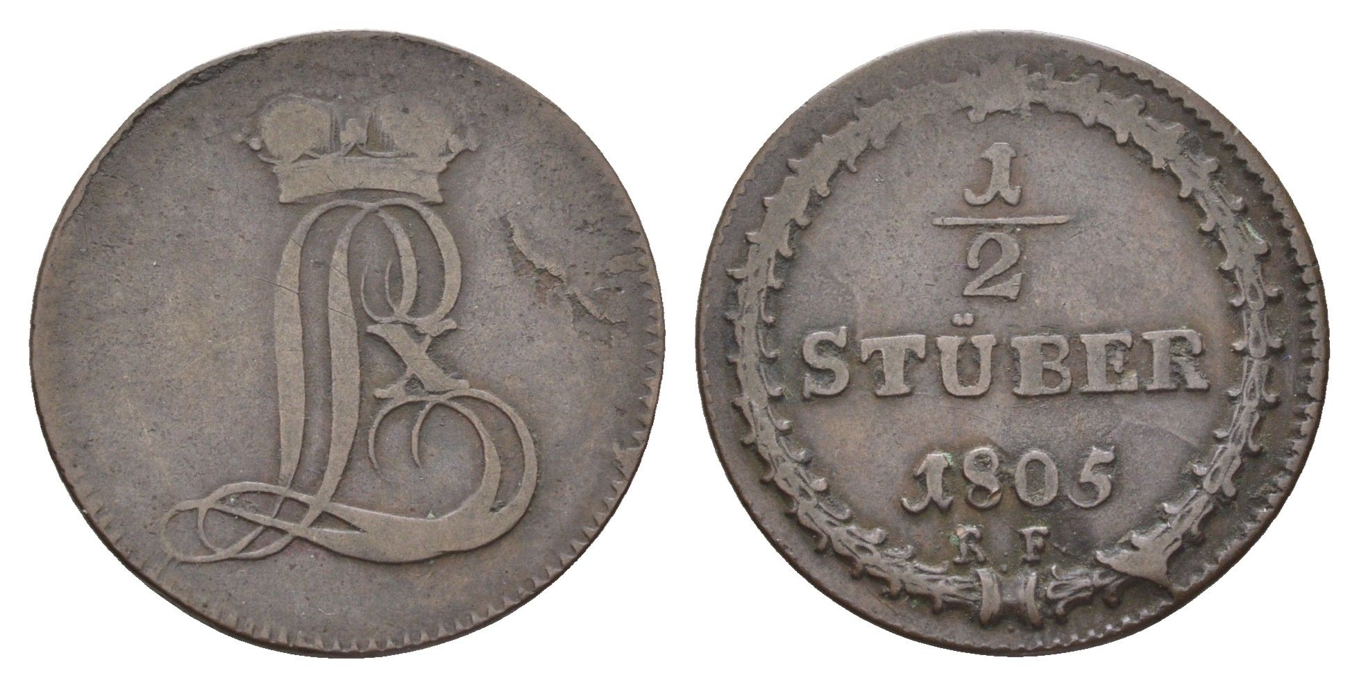 Гессен-Дармштадт 1/2 штубер 1805 Людвиг I (1790-1830) KM 259, Schütz V 3240 медь 1529-234