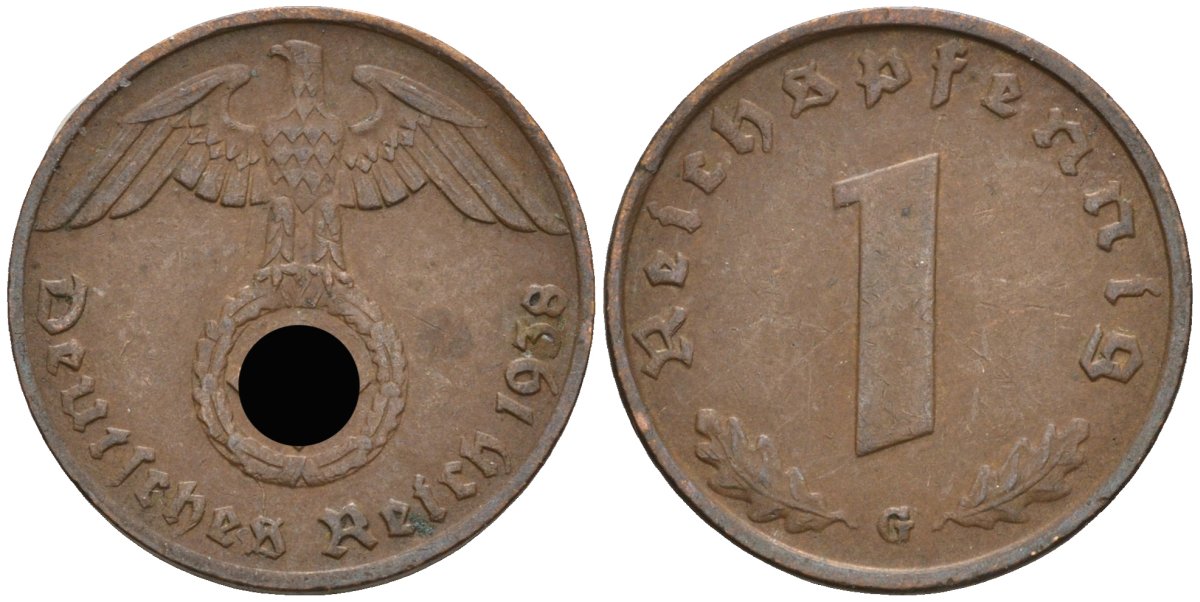 Германия 1 рейхспфенниг 1938 G KM 89, J 361 бронза 4136-1233