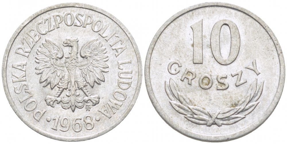 ПОЛЬША 10 ГРОШЕЙ 1968 MW KM АА47 алюминий 112-1213