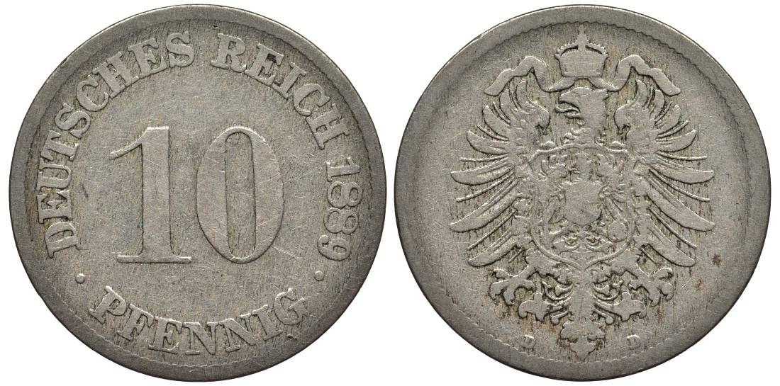 ГЕРМАНИЯ 10 ПФЕННИГОВ 1889 D, СТАРОГЕРБОВКА KM 4, Jager 4, Weege 7 медно-никель 4543-624