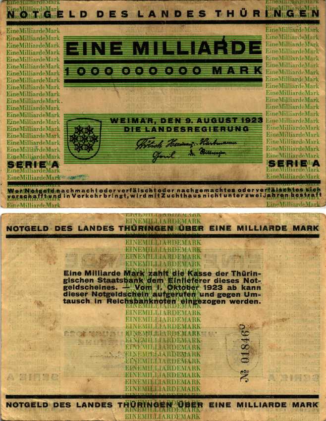 ГЕРМАНИЯ 1000000000 МАРОК 1923 9 АВГУСТА 1923, ТЮРИНГИЯ, НОТГЕЛЬД, СЕРИЯ А, ЗЕЛЕНАЯ KELLER 46 бумага 444-45-1