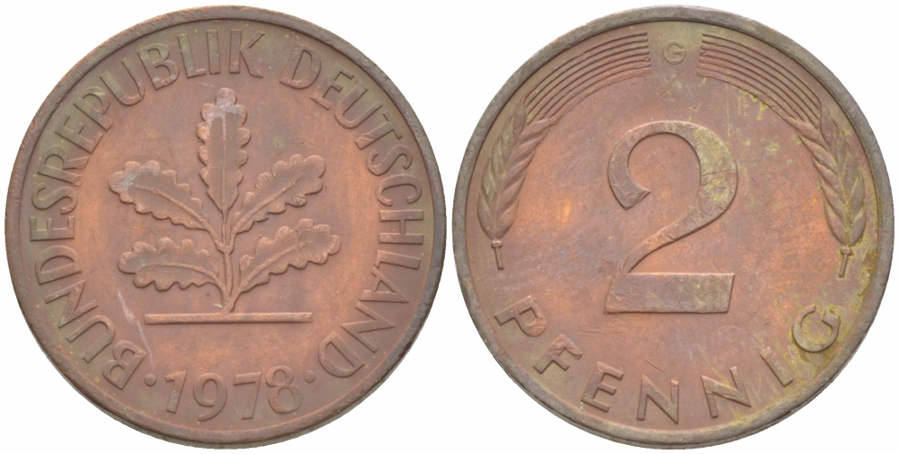 ФРГ 2 ПФЕННИГА 1978 G KM 106a, J.381a сталь плакированная сталь плакированная медьюю 3996-1116