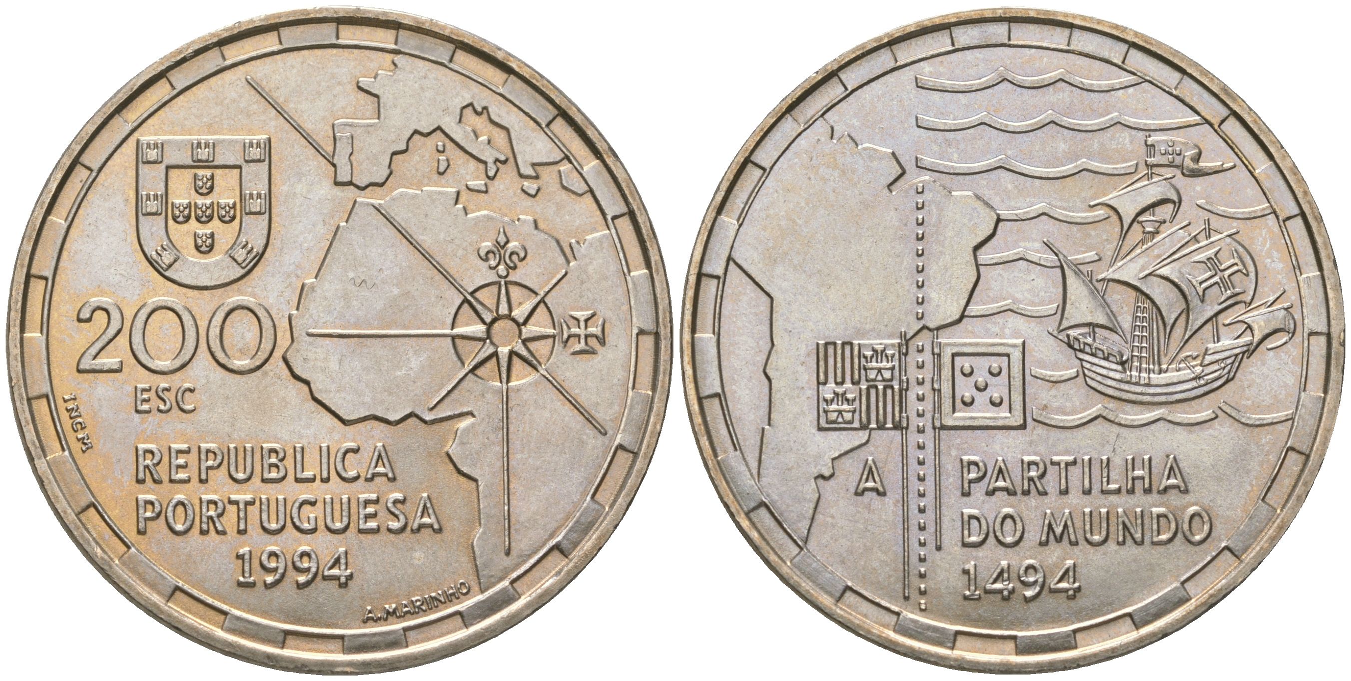 Португалия 200 эскудо 1994 500 лет разделению зон влияния между Португалией и Испанией KM 672 медно-никель UNC 74-614