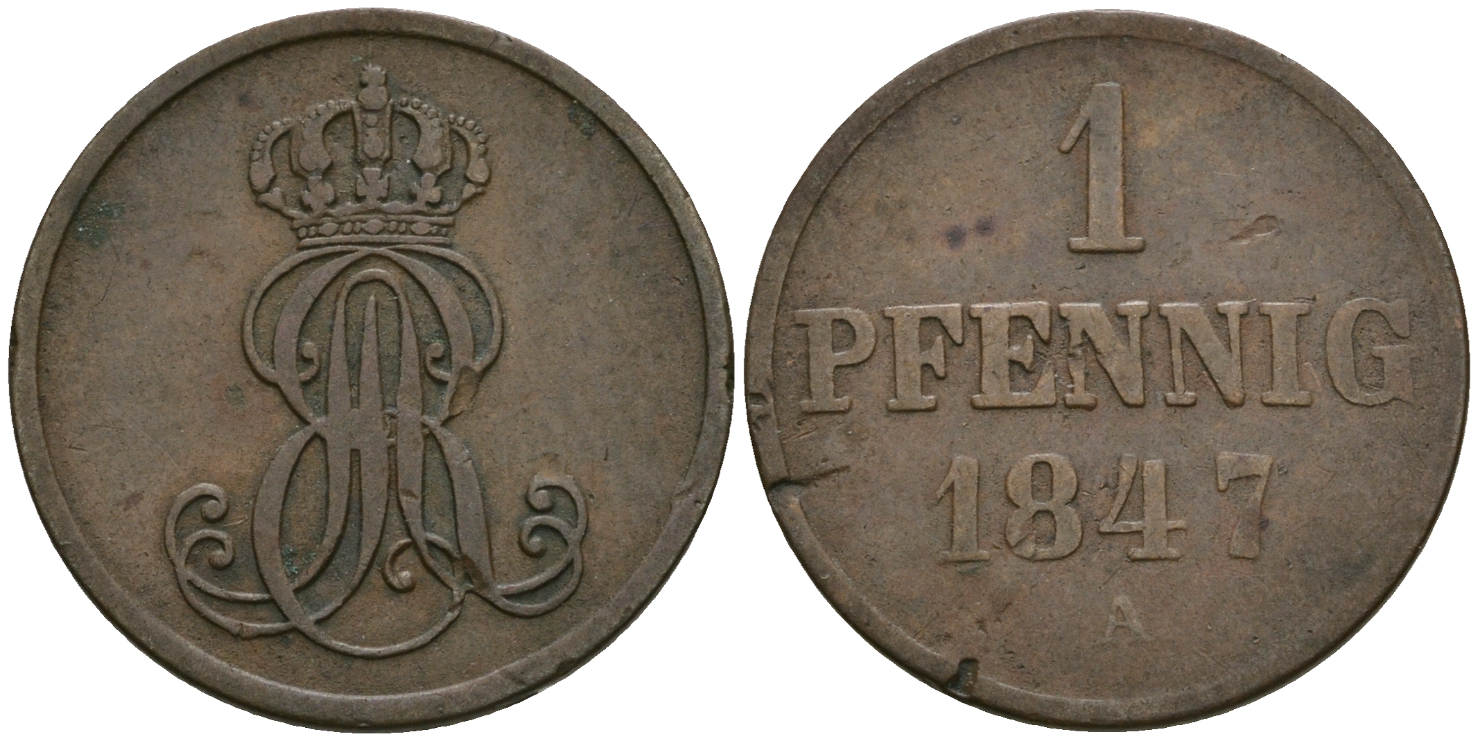 Ганновер 1 пфенниг 1847 A, Эрнст Август (1837-1851) KM 201.2, AKS 130, J. 74 медь 08-1359