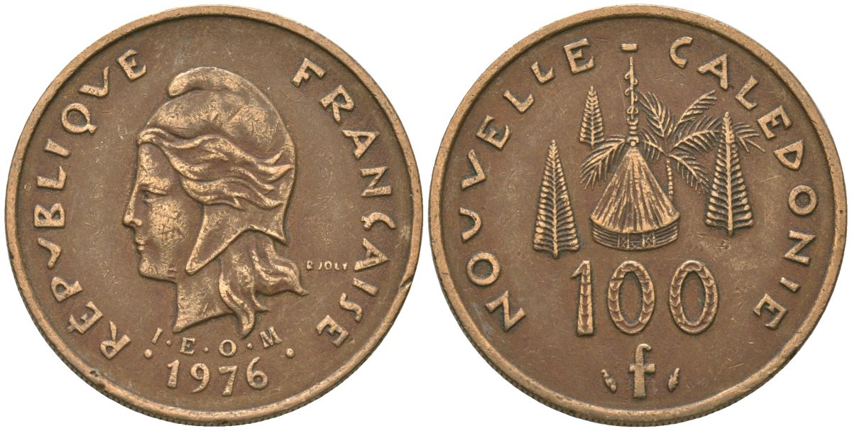 Французская Новая Каледония 100 франков 1976 хижина среди сосен и пальм, (IEOM) KM 15, Schoen 16, Lec 130 никель бронза 88-224