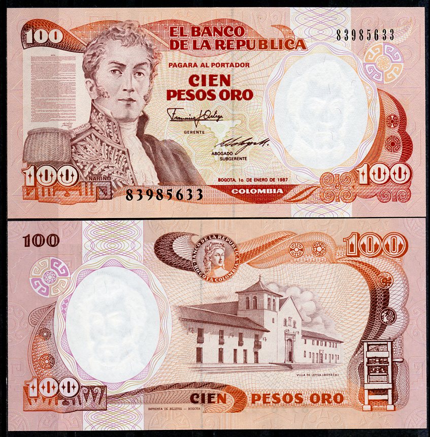 Колумбия 100 песо 1987 Антонио Нариньо, Вилья-де-Лейва, старый печатный станок, Imprenta de Billetes, Bogota Pick 426 c  бумага  UNC (пресс) 449-71-3