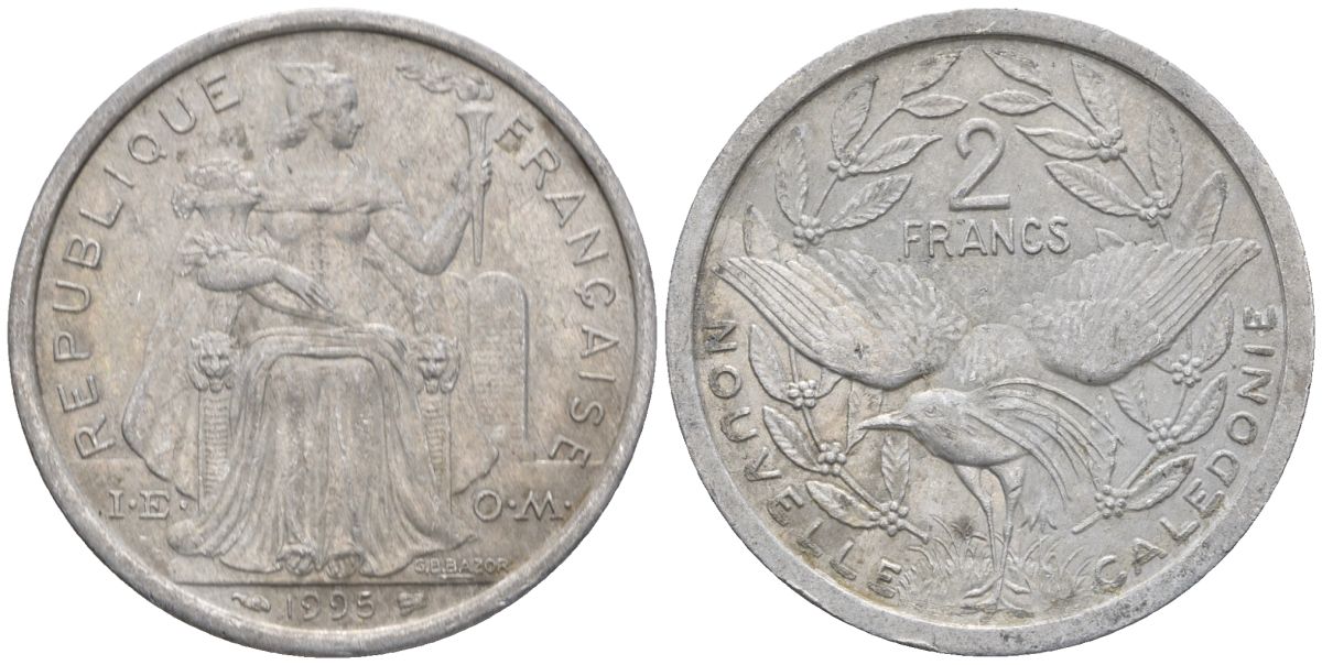 Французская Новая Каледония 2 франка 1995 птица кагу, (IEOM) KM 14, Schoen 11, Lec 68 алюминий    23-812