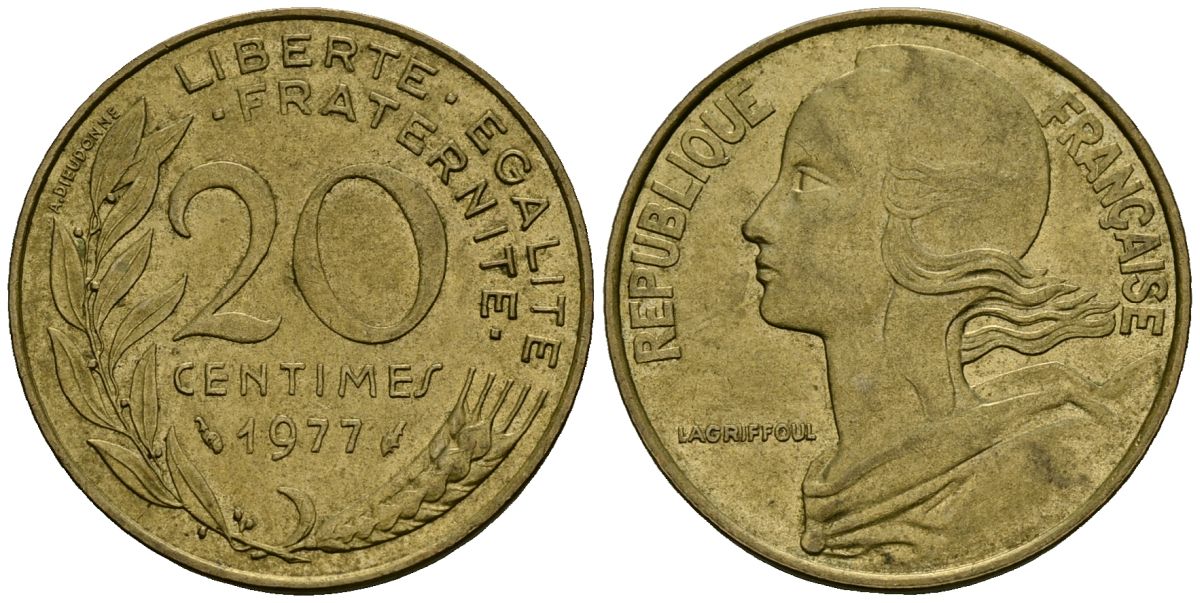 Франция 20 сантимов 1977 тип Marianne KM 930 медь алюминий никель 4135-616