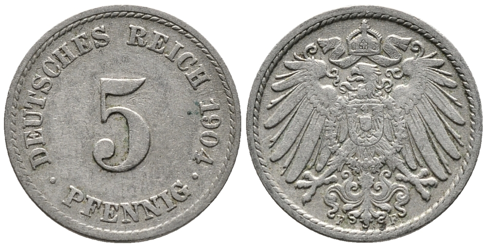 ГЕРМАНИЯ 5 ПФЕННИГОВ 1904 F KM 11, J. 12 медно-никель 39-769