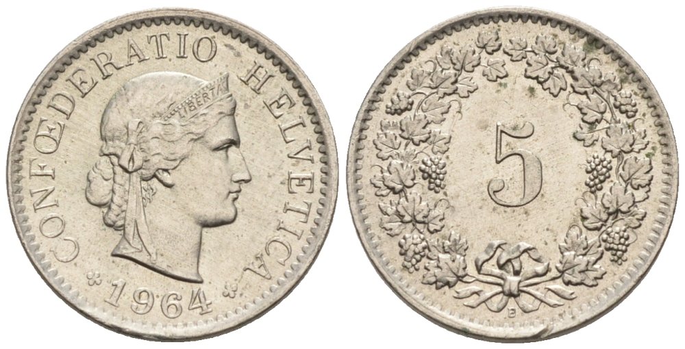 Швейцария 5 раппенов 1964 В KM 26 медно-никель 4576-932