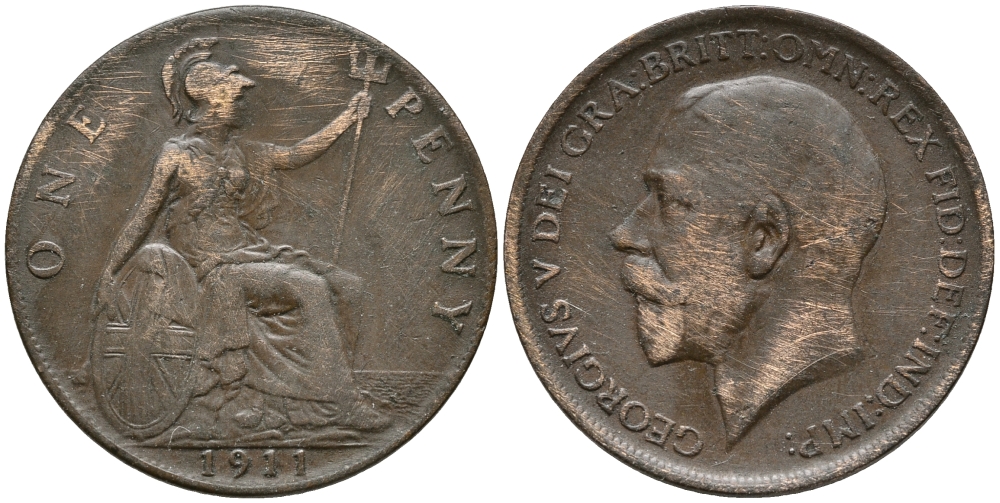 Великобритания 1 пенни 1911 Георг V (1910-1936) KM 810, Spink 4051 бронза 32-833