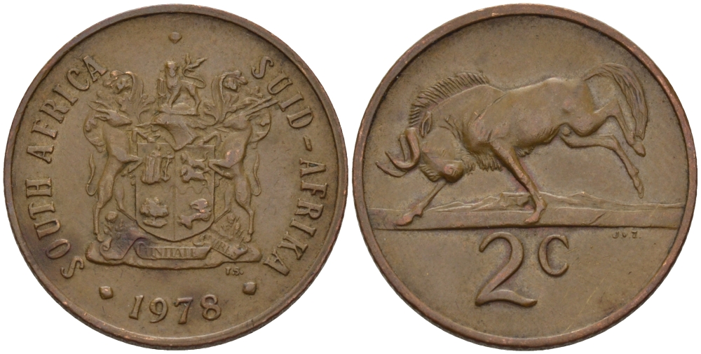 ЮАР 2 цента 1978 герб, антилопа гну KM 83 бронза 67-336