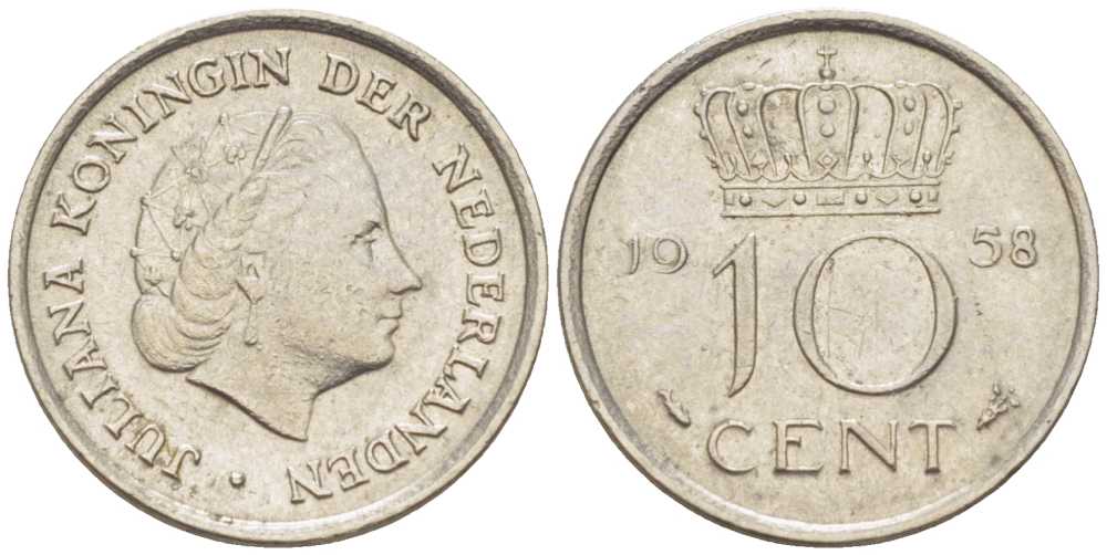 НИДЕРЛАНДЫ 10 ЦЕНТОВ 1958 ЮЛИАНА (1948-1980) KM 182 никель 214-1148