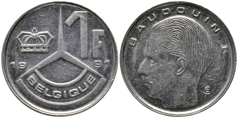 БЕЛЬГИЯ 1 ФРАНК 1991 BELGIQUE KM 170 сталь плакированная никелем 99-1225