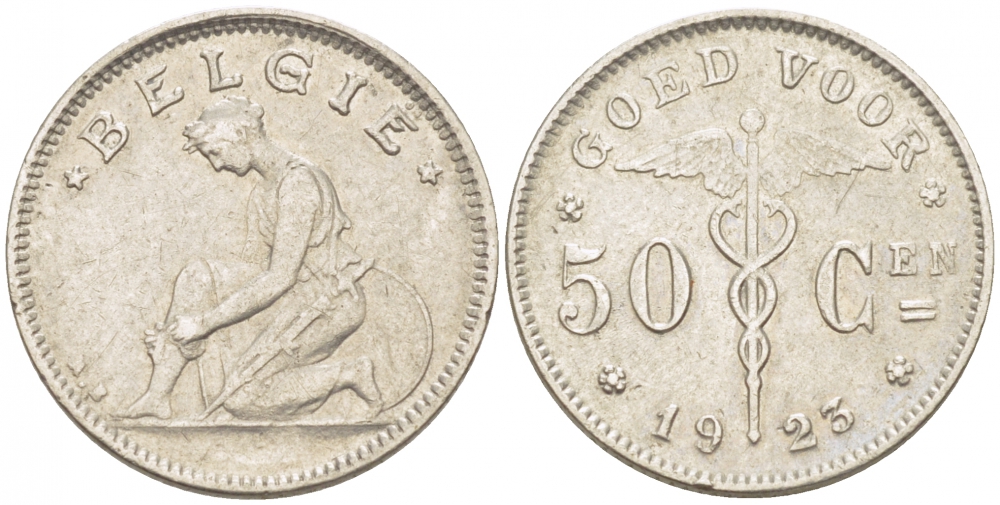 БЕЛЬГИЯ 50 САНТИМОВ 1923 BELGIE KM 88 никель 261-1668