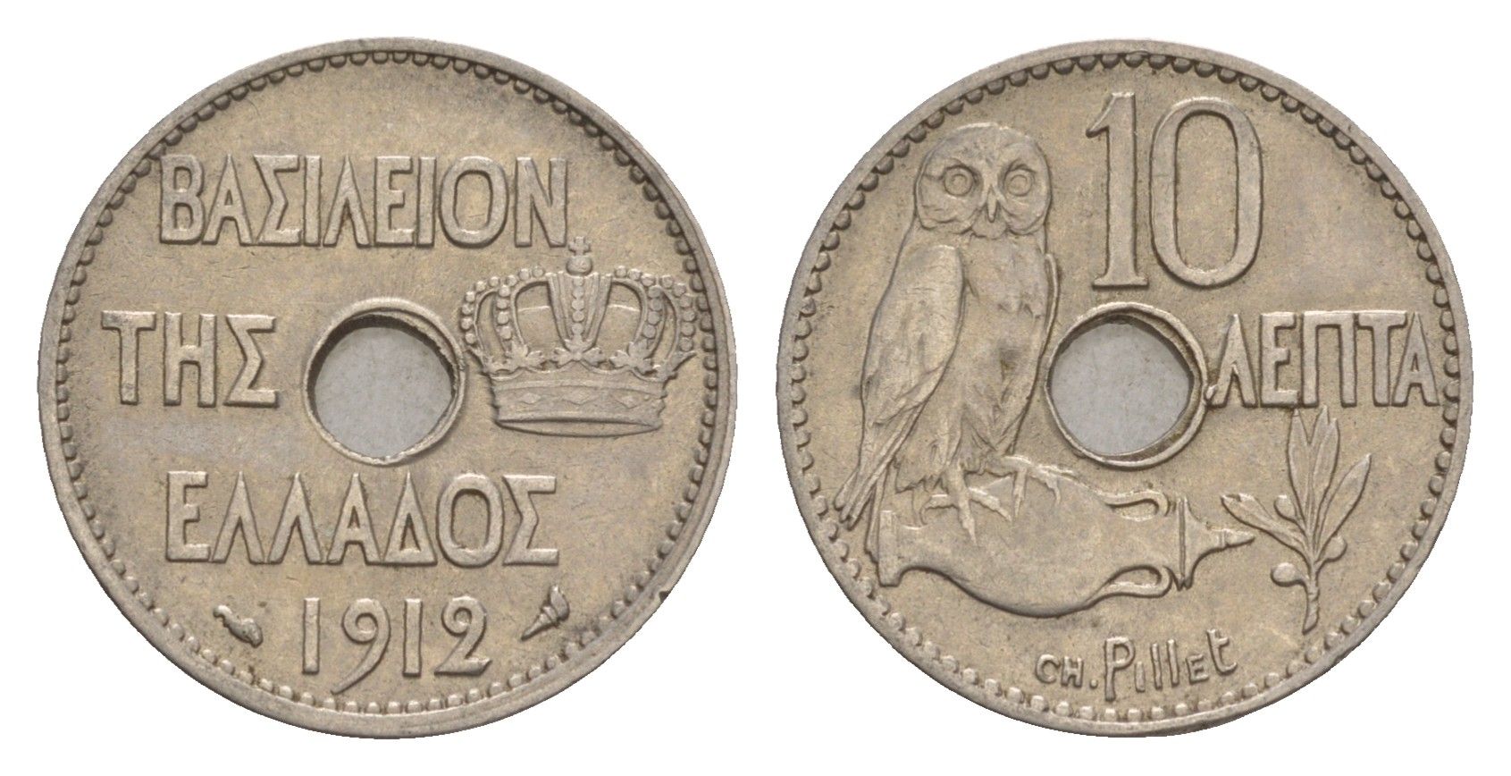 Греция 10 лепт 1912 Георг I (1863-1913), сова KM 63 никель 4655-326