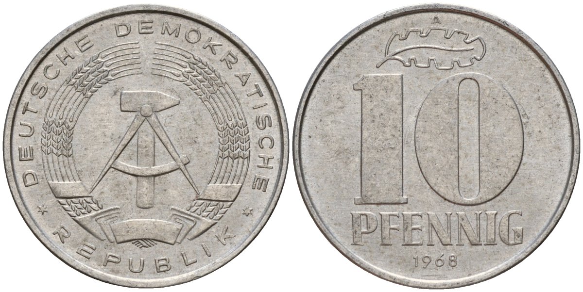 ГДР 10 пфеннигов 1968 A KM 10 алюминий 67-346
