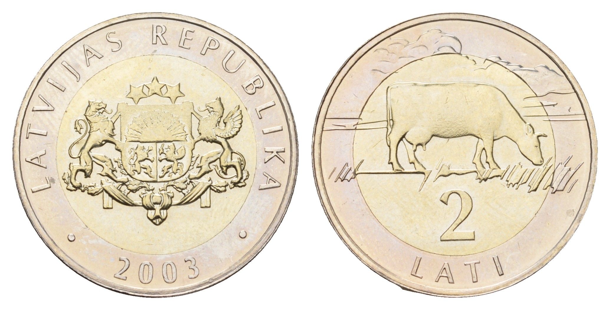 Латвия 2 лата 2003 корова KM 38 биметалл BU 4678-326
