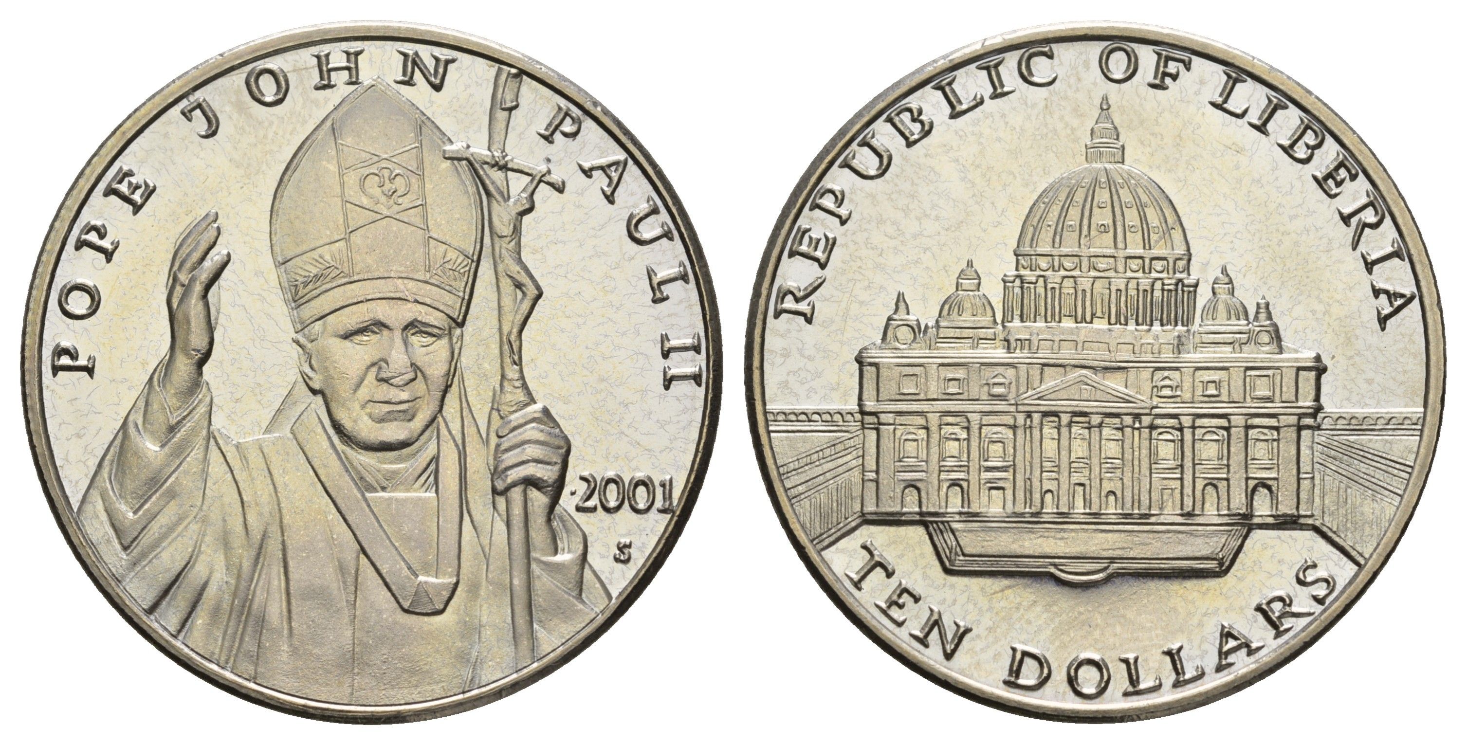 Либерия 10 долларов 2001 Иоанн Павел II KM 643a медно-никель PROOF 443-644