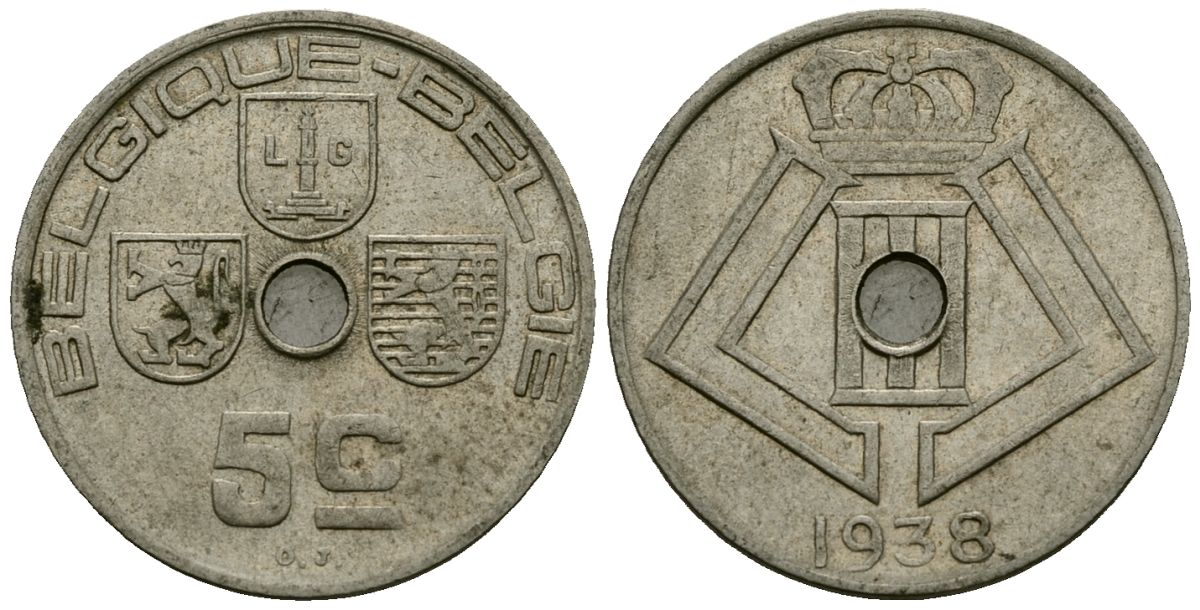 Бельгия 5 сантимов 1938 Belgique - Belgie KM 110 никель латунь 4173-622
