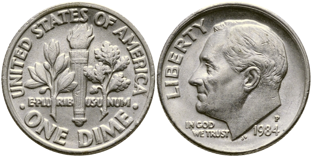 США 10 ЦЕНТОВ = 1 ДАЙМ 1984 P, РУЗВЕЛЬТ KM 195а медь плакированная медно-никелем 46-2521