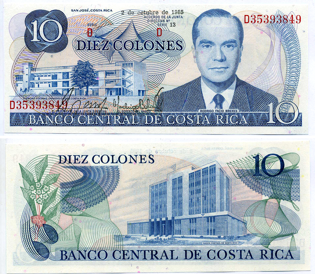 Коста-Рика 10 колонов 1985 Родриго Фацио Бренес, университет, здание центрального банка Pick 237b бумага UNC (пресс) 2197-10-2-1