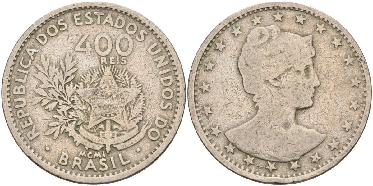 Бразилия 400 рейс 1901 голова свободы вправо KM 505 медно-никель 4367-141