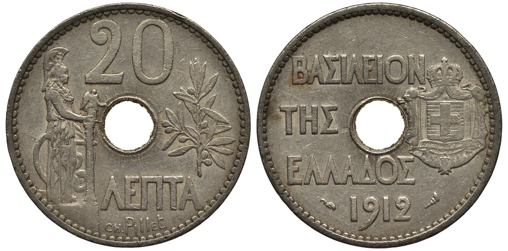 Греция 20 лепта 1912 король Георг I (1863-1913), Афина KM 64 никель 4538-1024