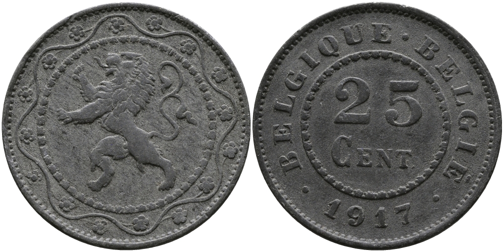БЕЛЬГИЯ 25 САНТИМОВ 1917 BELGIQUE-BELGIE, ГЕРМАНСКАЯ ОККУПАЦИЯ, ПЕРВАЯ МИРОВАЯ ВОЙНА KM 82 цинк 98-653