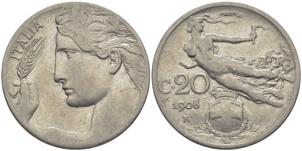 ИТАЛИЯ 20 ЧЕНТЕЗИМО 1908 R KM 44 никель 28-116