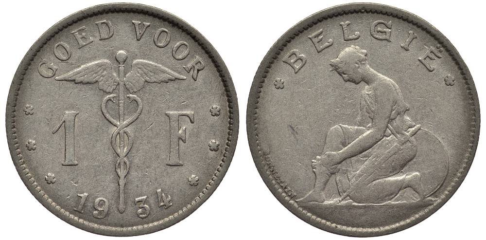 БЕЛЬГИЯ 1 ФРАНК 1934 BELGIE, АЛЬБЕРТ I (1909-1934) KM 90 никель 27-1014