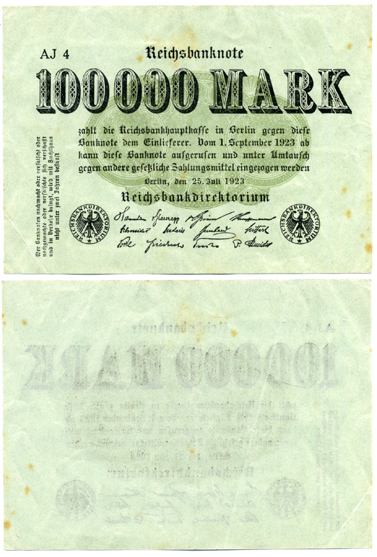 ГЕРМАНИЯ 100000 МАРОК 1923 25 ИЮЛЯ 1923, ЗЕЛЁНАЯ БУМАГА, ВОДЯНОЙ ЗНАК Е, G/D В ЗВЁЗДАХ Pick 91а бумага 6262-2-1-1