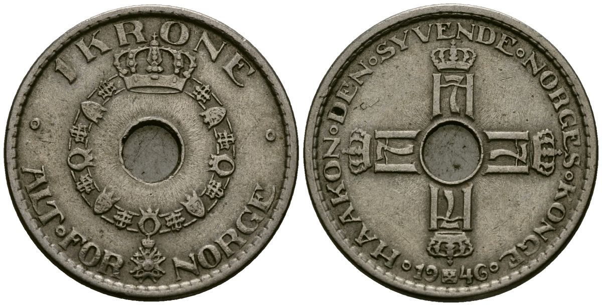 Норвегия 1 крона 1946 Хокон VII (1905 - 1957) KM 385 медно-никель 4582-553