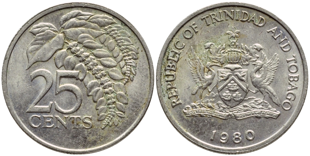 Тринидад и Тобаго 25 центов 1980 цветок дикая пуансеттия KM 32 медно-никель 4396-758