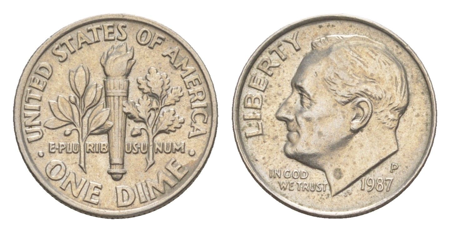 США 1 дайм (10 центов) 1987 P, президент Рузвельт KM 195a медь плакированная медно-никелем 4649-1251
