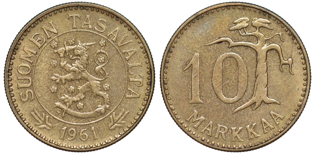 ФИНЛЯНДИЯ 10 МАРОК 1961 S KM 38 алюминиевая бронза 3334-1021