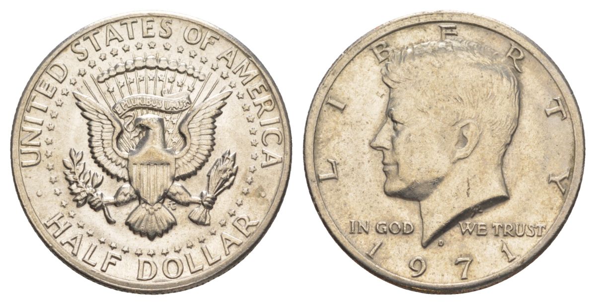 США 1/2 доллара (50 центов) 1971 D, Джон Кеннеди KM 202b медь плакированная медно-никелем aUNC 88-1021