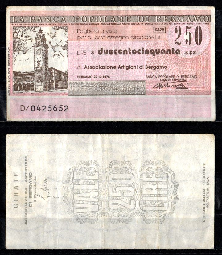 Италия чек 250 лир ND (1976-1977) Pick G1278d 1 бумага 2198-13-3-2