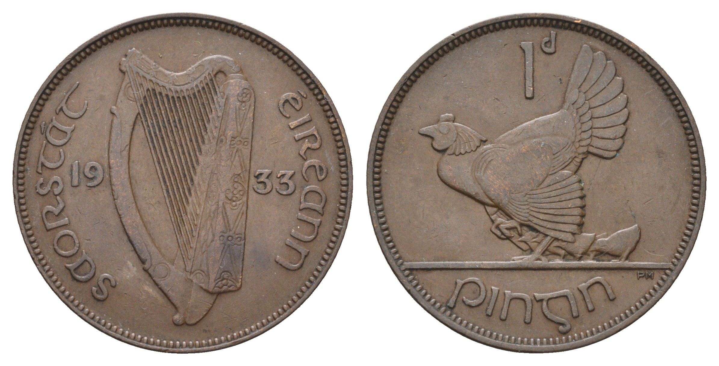 Ирландия 1 пенни 1933 курица с цыплятами KM 3 бронза 4672-414