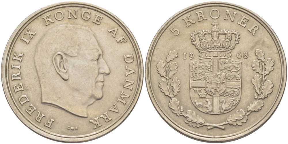 ДАНИЯ 5 КРОН 1968 C; S, ФРЕДЕРИК IX (1947-1972) KM 853.1 медно-никель 38-511
