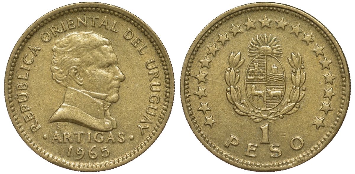 Уругвай 1 песо 1965 KM 46 алюминиевая бронза 94-612