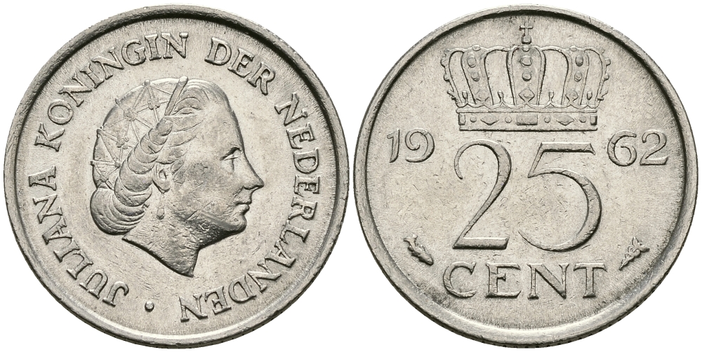 НИДЕРЛАНДЫ 25 ЦЕНТОВ 1962 ЮЛИАНА KM 183 никель 96-151