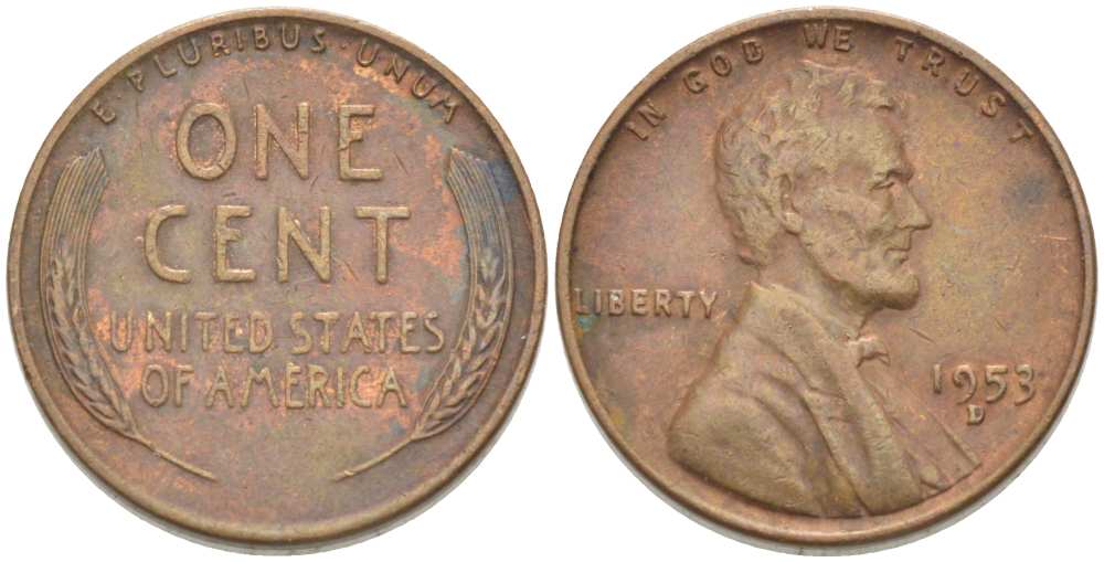 США 1 ЦЕНТ 1953 D, ЛИНКОЛЬН KM А132 медь цинк 218-1014
