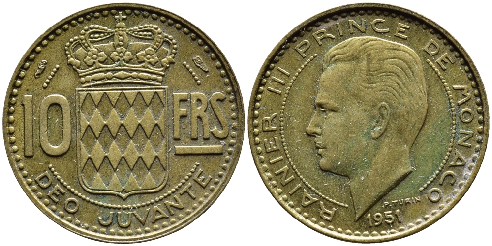 Монако 10 франков 1951 Ренье III (1949-2005) KM 130 алюминиевая бронза 4364-1245