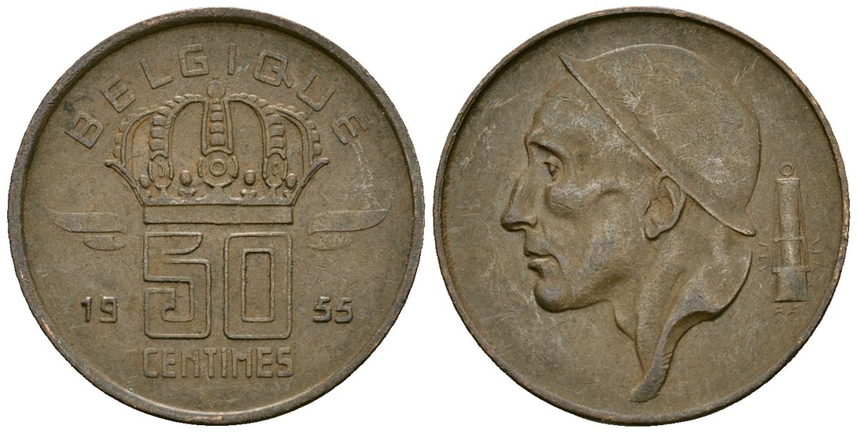 Бельгия 50 сантимов 1955 BELGIQUE KM 144 бронза 4164-1041